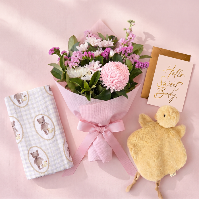New Baby Girl Gift Hamper – Flowers & Baby Gifts