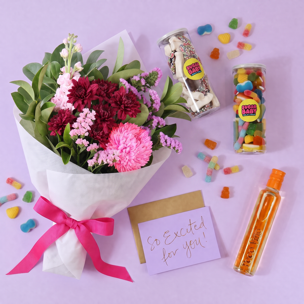 Celebration Gift Hamper Sydney – Flowers, Wine & Lollies