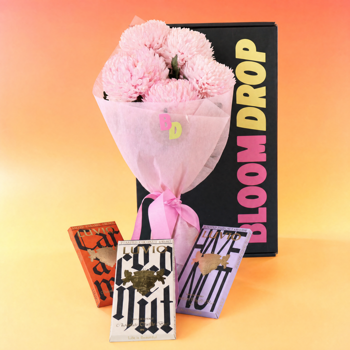 Loco Love chocolate gift hamper with pink Big Mumma chrysanthemums
