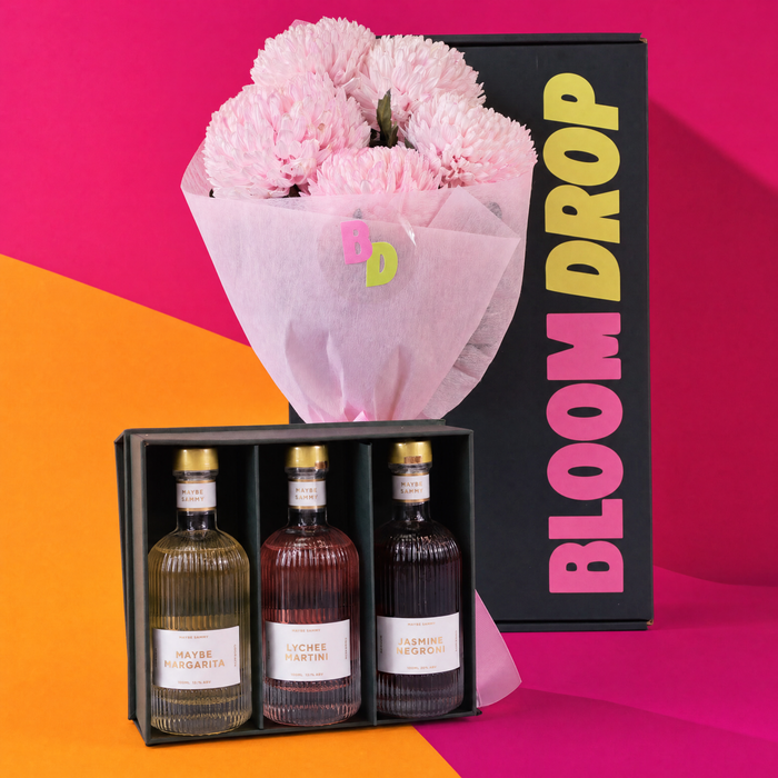 Maybe Sammy cocktail gift hamper with pink Big Mumma chrysanthemums