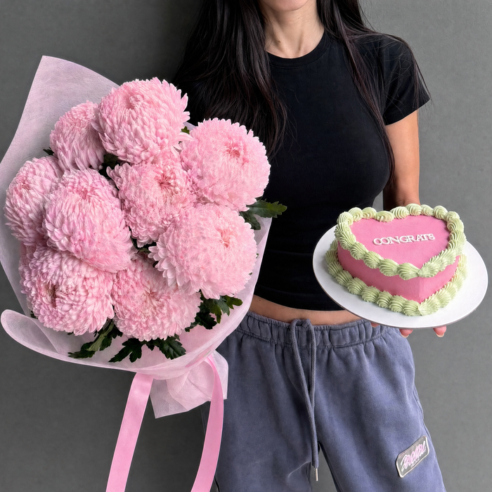 10 pink Big Mumma chrysanthemums with heart-shaped raspberry cake by Bloom Drop Sydney