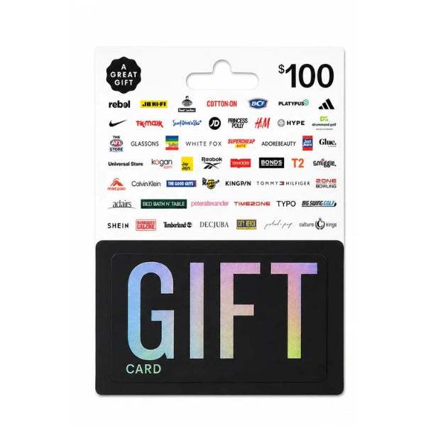 Gift card with brand logos on a white background