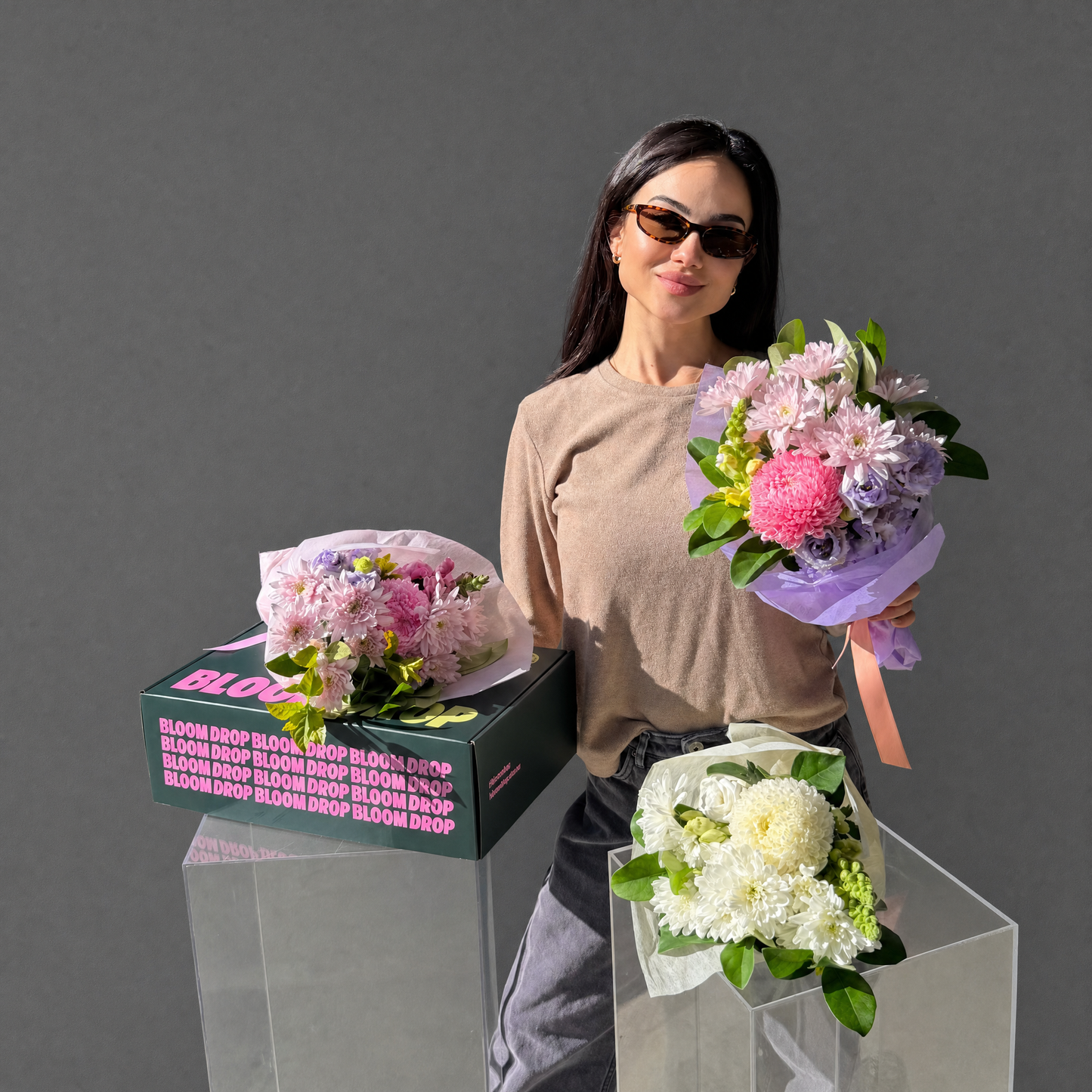 Bloom Drop $49 Florist Choice bouquets featuring fresh seasonal pink, lilac and white flowers for Sydney flower delivery
