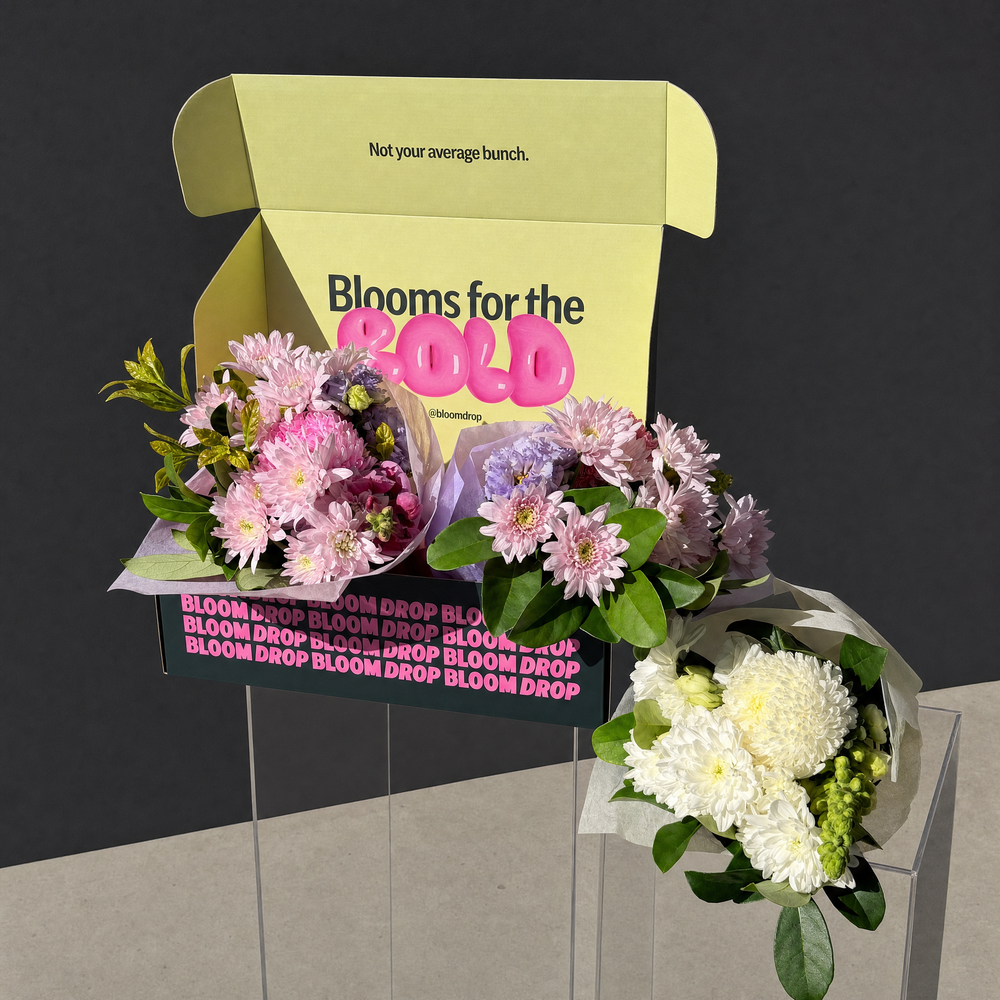 $49 Florist Choice flowers in Bloom Drop signature box with three seasonal flower varieties