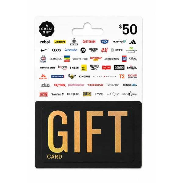 A $50 gift card with many brand logos.
