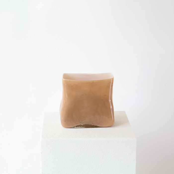 Handcrafted Jaffa Short Toffee Vase made of mouth-blown glass with warm toffee finish and sculptural shape