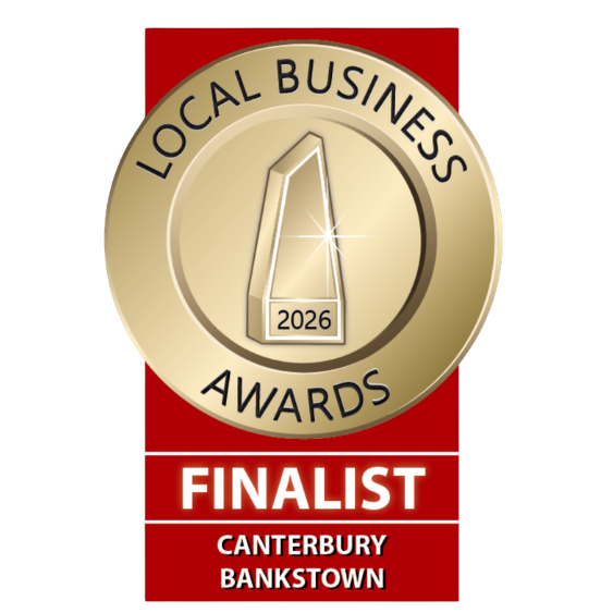 Gold and red award badge for Canterbury Bankstown Local Business Awards Finalist on a white background