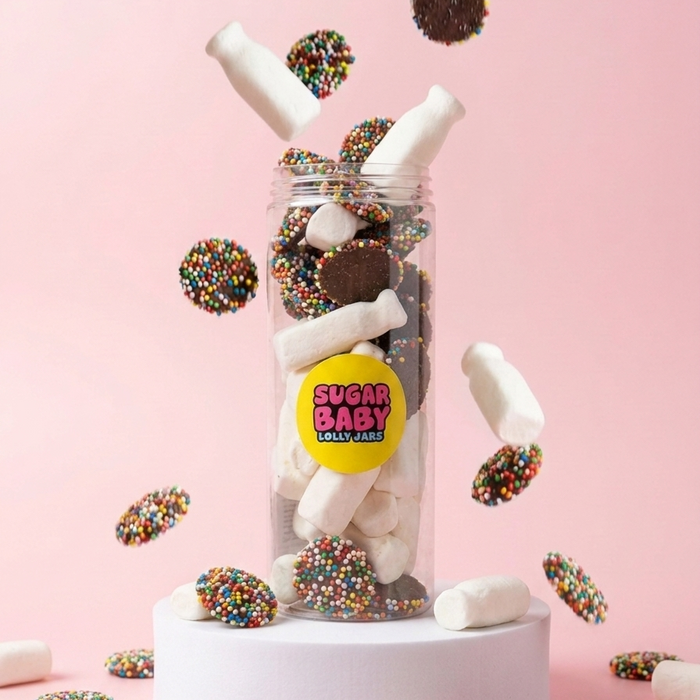 Chocolate freckles and milk bottle lolly jar gift for Sydney flower and gift delivery by Bloom Drop