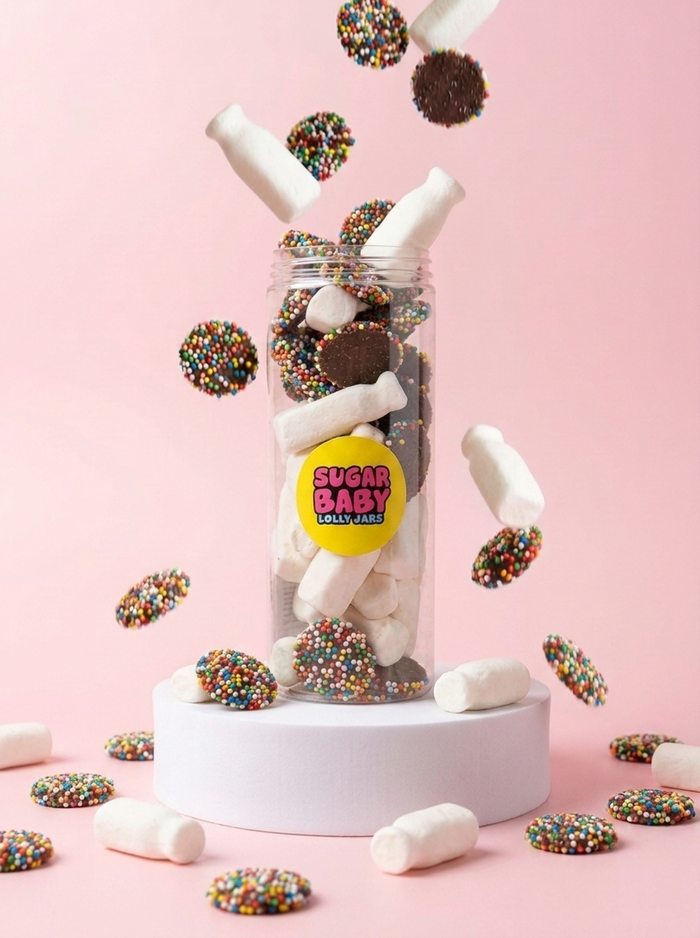 Chocolate freckles and milk bottle lolly jar gift for Sydney flower and gift delivery by Bloom Drop
