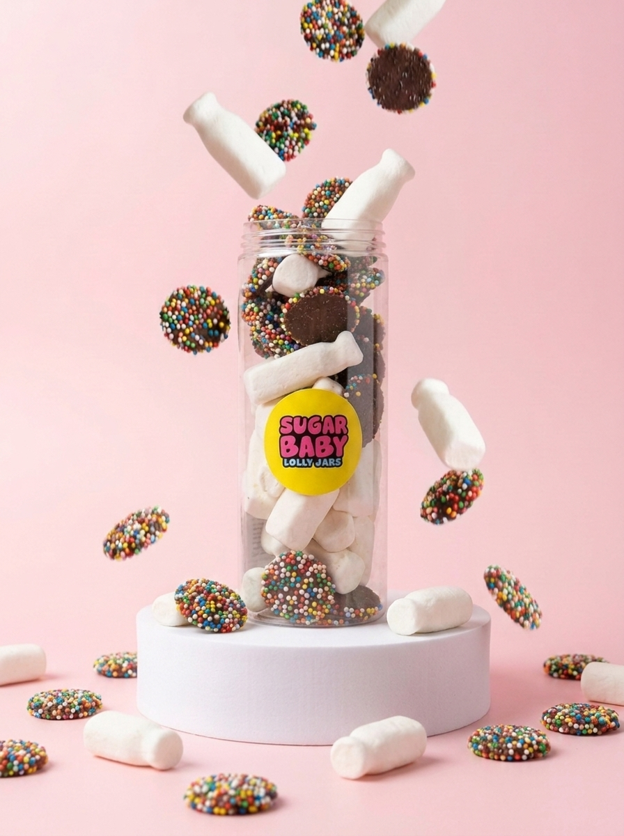 Chocolate freckles and milk bottle lolly jar gift for Sydney flower and gift delivery by Bloom Drop