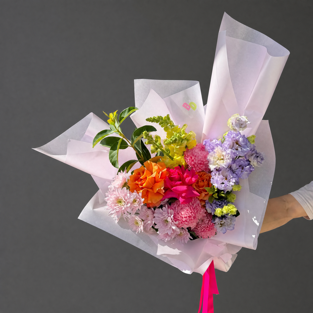 Confetti Large colourful flower bouquet with roses, Big Mumma chrysanthemums and vibrant seasonal blooms by Bloom Drop Sydney