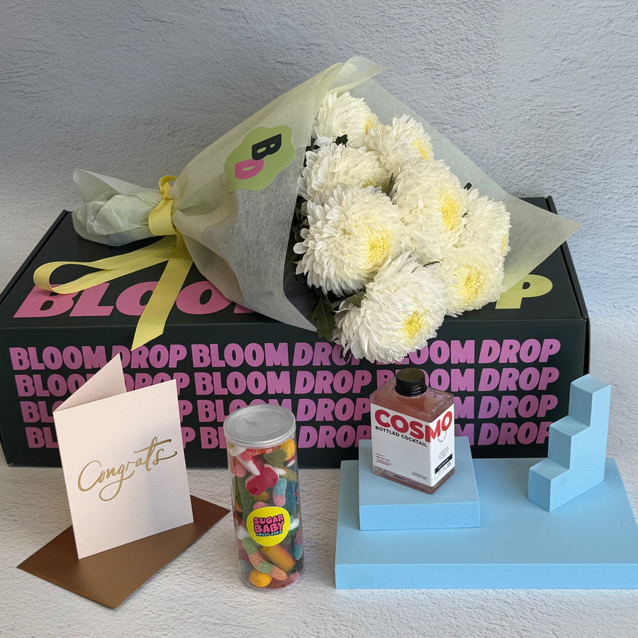 Congratulations Gift Hamper – Flowers, Cocktail & Lollies