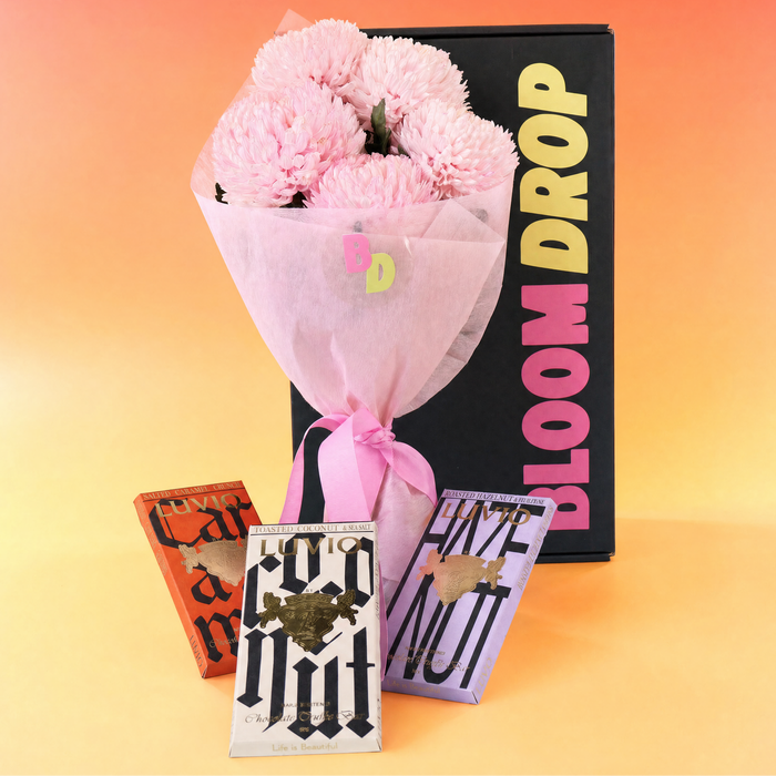 Flower and chocolate gift hamper with Big Mumma chrysanthemums and Loco Love chocolates by Bloom Drop Sydney