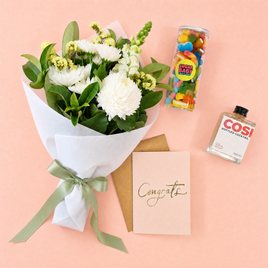 Congratulations Gift Hamper – Flowers, Cocktail & Lollies