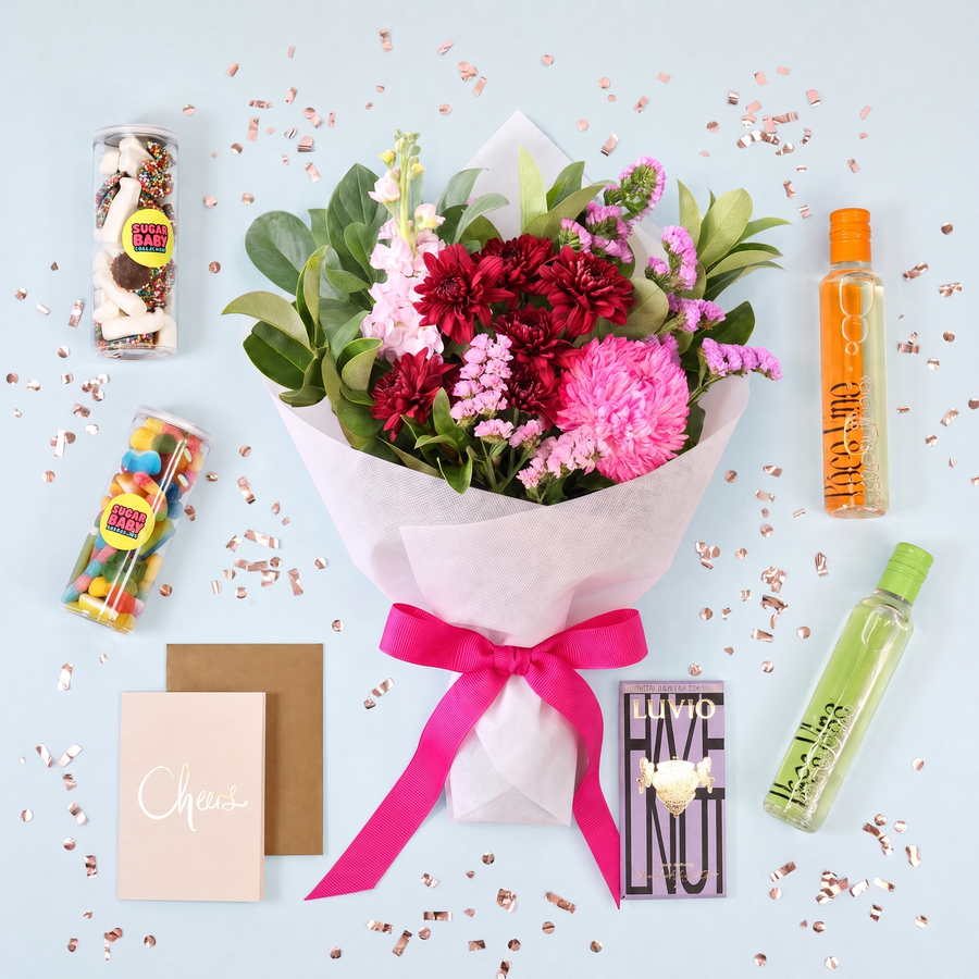 Party Gift Hamper – Wine, Flowers & Sweet Treats
