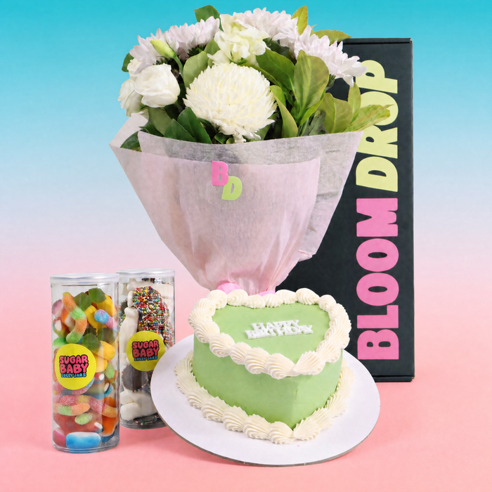 Green Birthday Cake & Flower Bundle