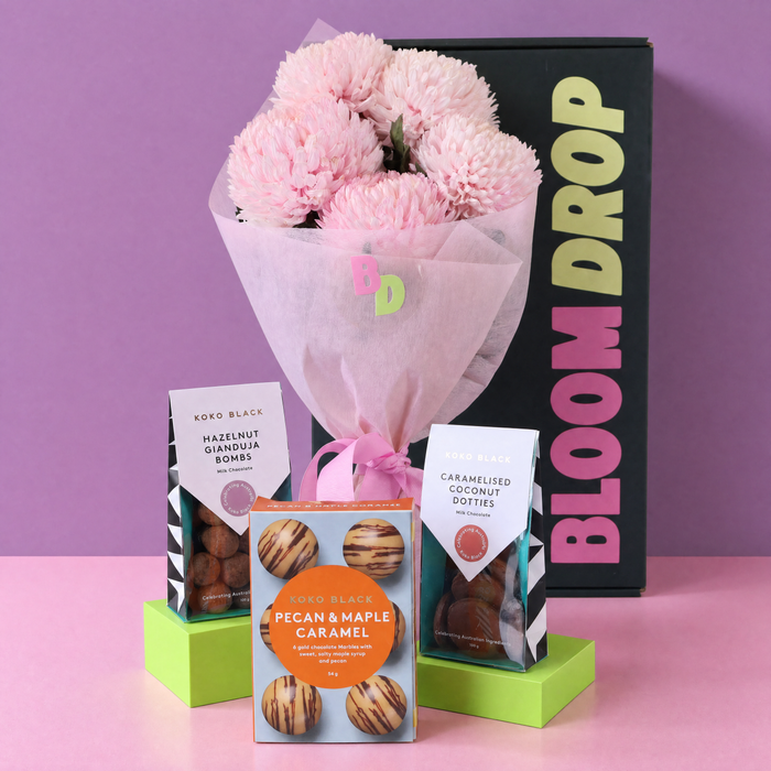 Koko Black chocolate and flower gift hamper with pink Big Mumma chrysanthemums and chocolates