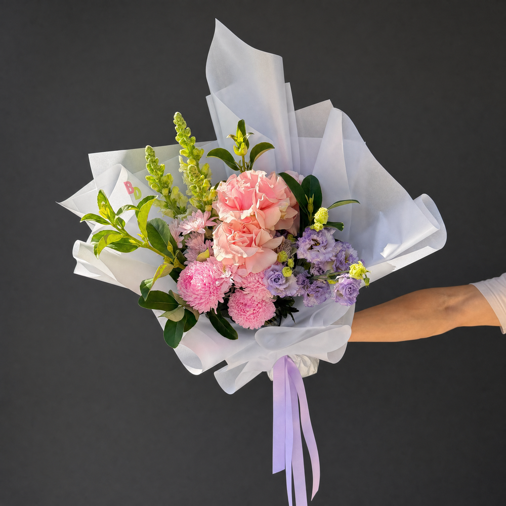 Marshmallow Large pink and purple flower bouquet with pink roses and seasonal pastel blooms by Bloom Drop Sydney
