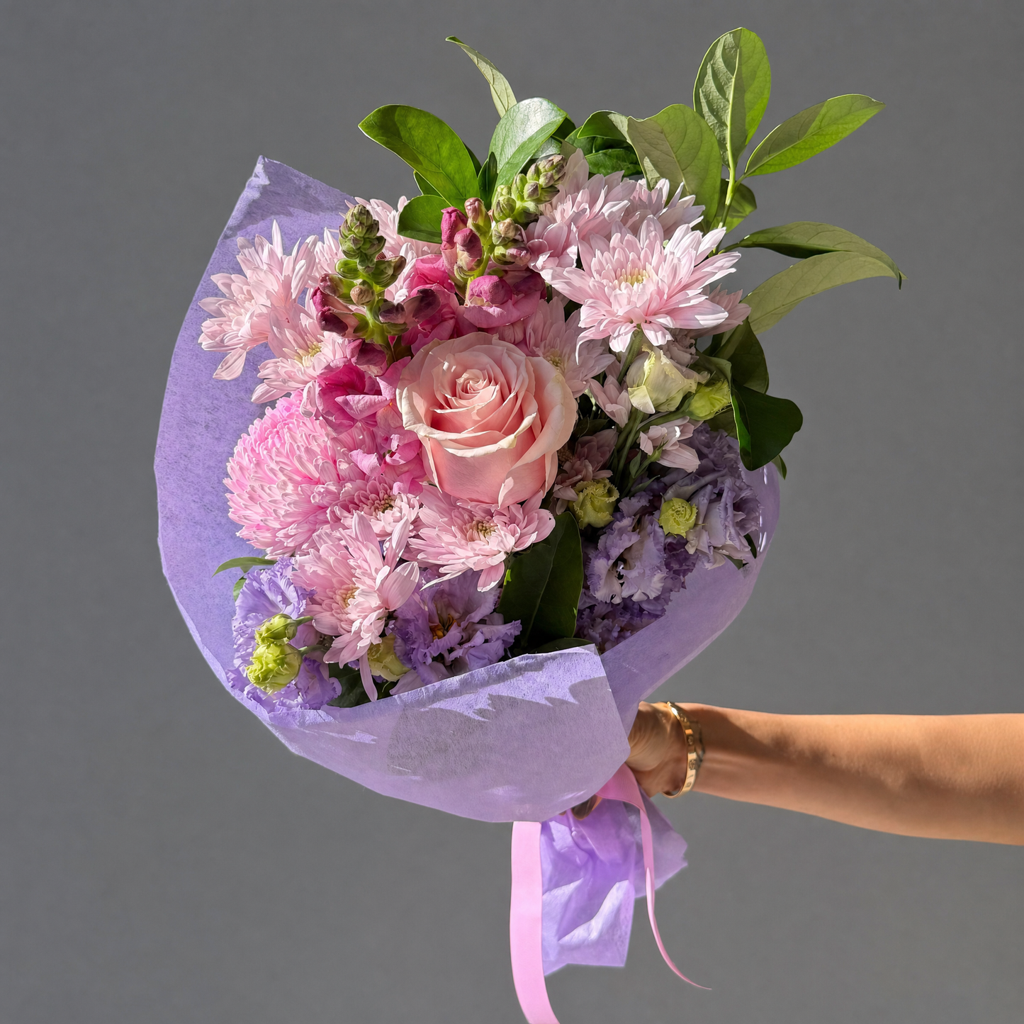 Marshmallow Regular pink and purple flower bouquet with pink roses and seasonal pastel blooms by Bloom Drop Sydney