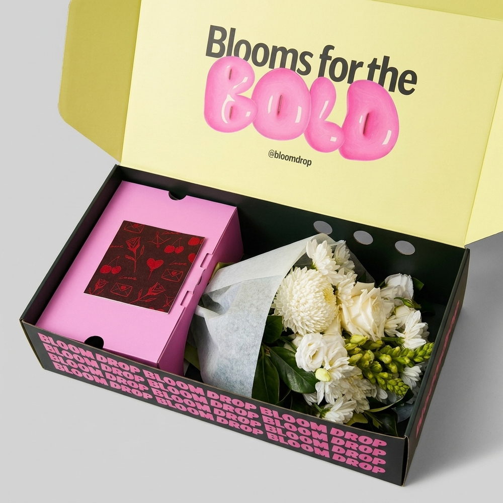 Milkshake Regular white flower bouquet with white roses, chrysanthemums and white polaris presented in the signature Bloom Drop flower box in Sydney