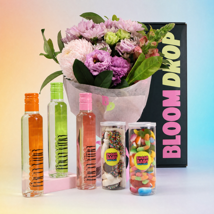 Party gift bundle with fresh flowers, Poco Vino wines and sweet treats by Bloom Drop for Sydney gift delivery