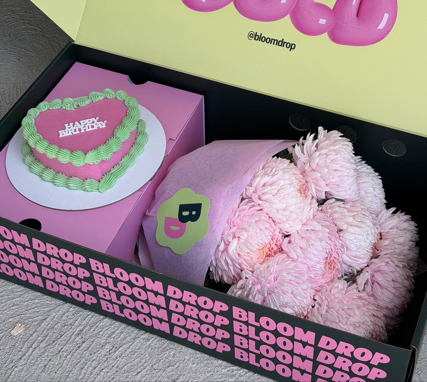 Pink raspberry heart cake with Big Mumma flowers in the signature Bloom Drop Box for flowers and cake delivery across Sydney