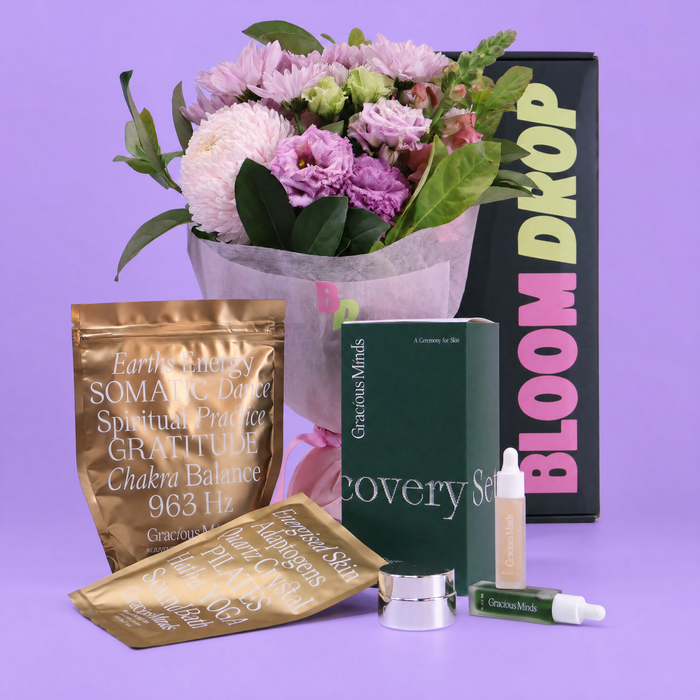 Self care gift hamper with flowers and Australian skincare for gift delivery Sydney