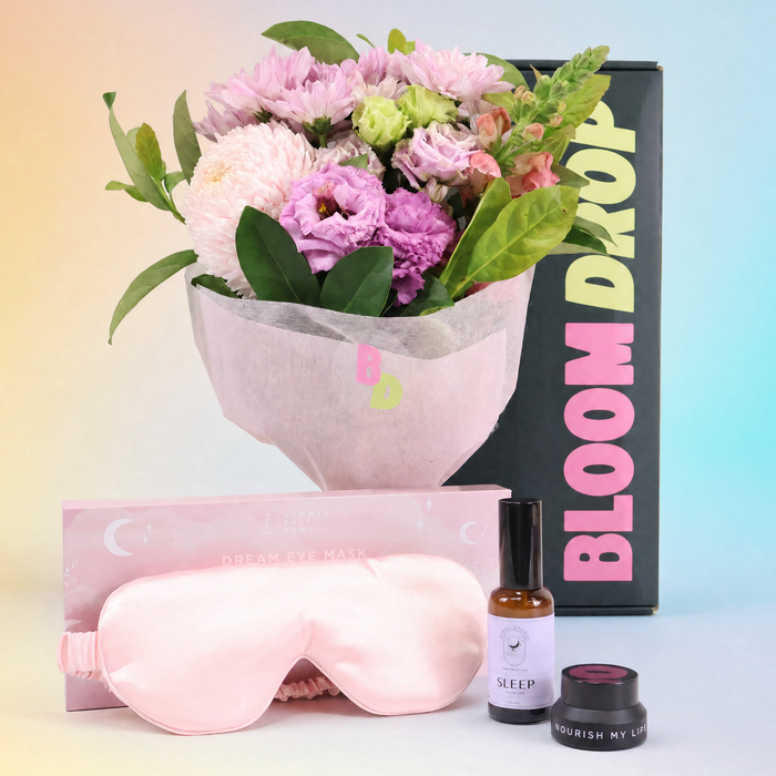Sleep and relaxation gift hamper Sydney with flowers, eye mask and sleep mist