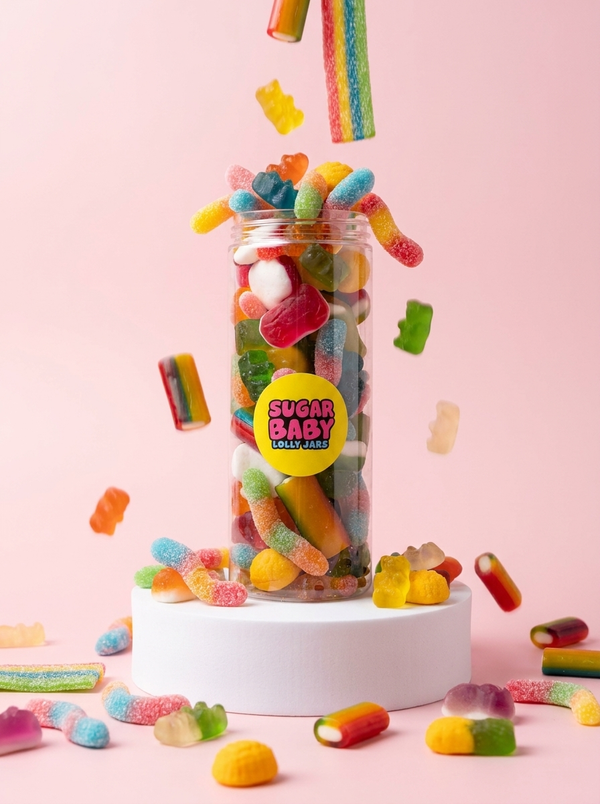 Jar of colorful gummy candies with 'Sugar Baby' label on a pink background